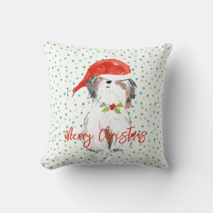 Merry Christmas ShiTzu Dog Festive Santa Hat Holly Cushion