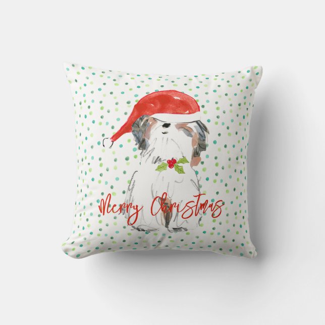 Merry Christmas ShiTzu Dog Festive Santa Hat Holly Cushion (Front)