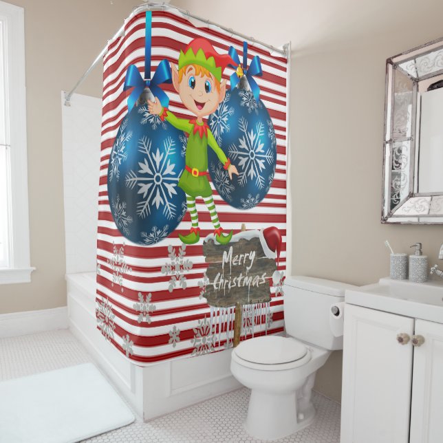 Merry Christmas Shower Curtain, Elf Stripe Shower Curtain (In Situ)
