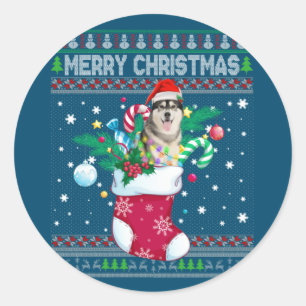 Merry Christmas Siberian Husky Dog In Sock Funny Classic Round Sticker