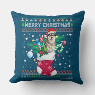Merry Christmas Siberian Husky Dog In Sock Funny Cushion