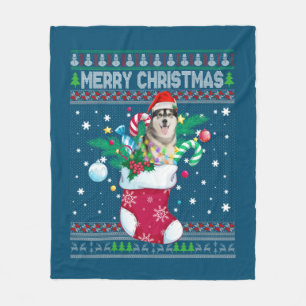 Merry Christmas Siberian Husky Dog In Sock Funny Fleece Blanket