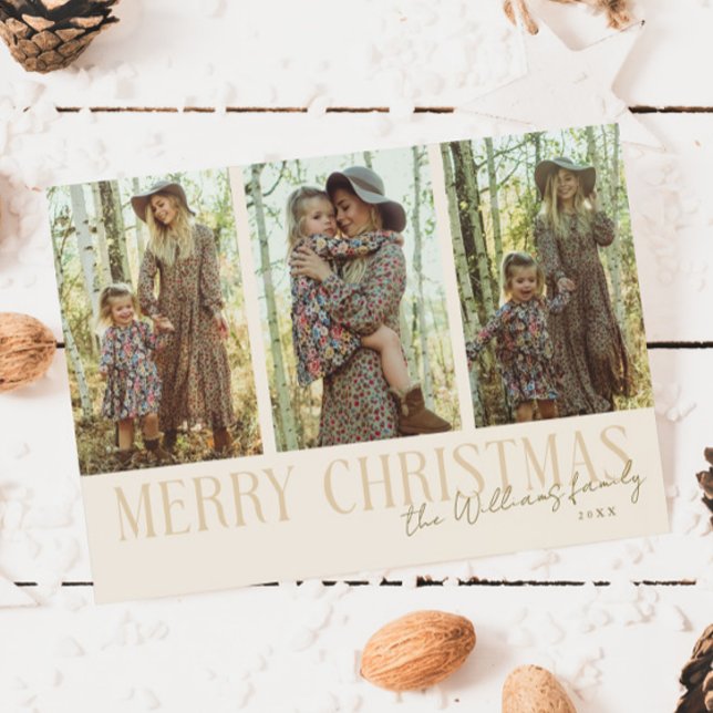 Merry Christmas Signature Multi Photo Cream Holiday Card (Creator Uploaded)