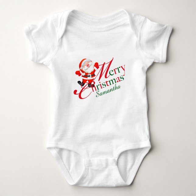 Merry Christmas Signature Name Red Santa Baby Bodysuit (Front)