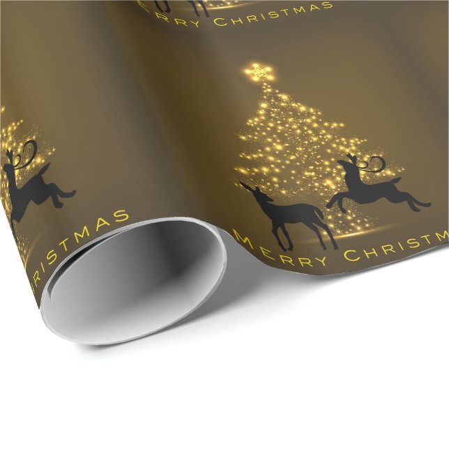 Merry Christmas Silhouette Deer and Golden Tree Wrapping Paper (Roll Corner)