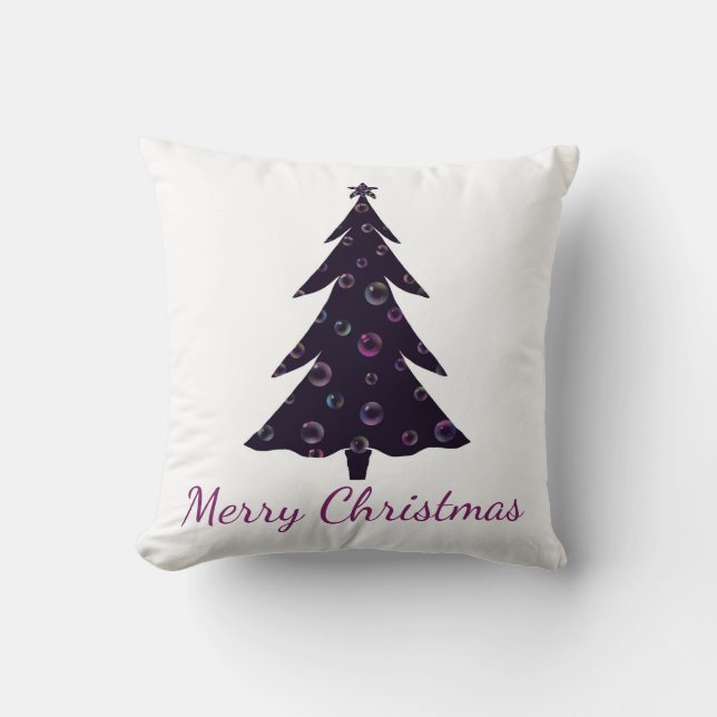 Merry Christmas, silhouette tree, colourful bubble Cushion (Front)