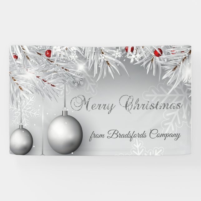 Merry Christmas, Silver Balls, Snowflakes,Branches Banner (Horizontal)