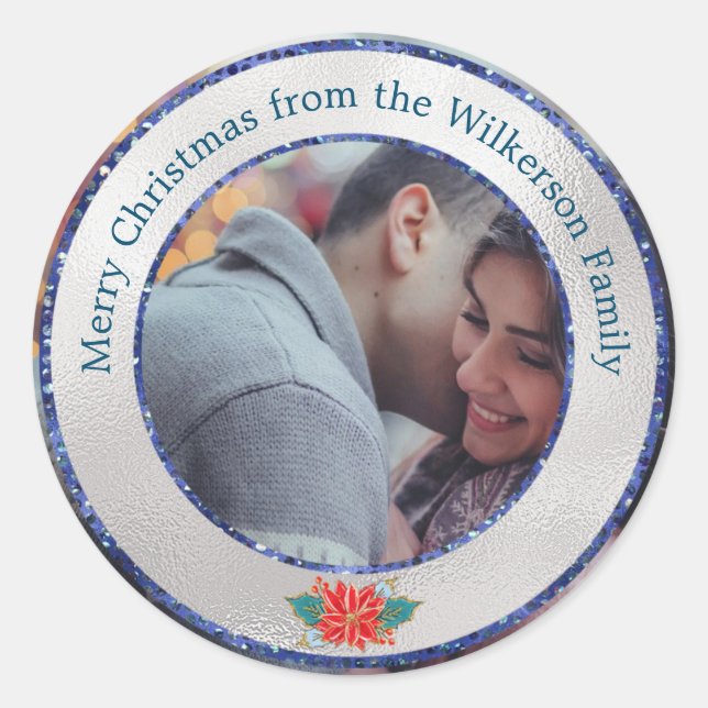 Merry Christmas SIlver & Blue Glitter Custom Photo Classic Round Sticker (Front)