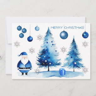Merry Christmas Silver & Blue Japandi Watercolor  Holiday Card
