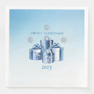 Merry Christmas Silver & Blue Presents & Snowflake Napkin