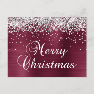 Merry Christmas Silver Glitter Burgundy Red Foil Holiday Postcard