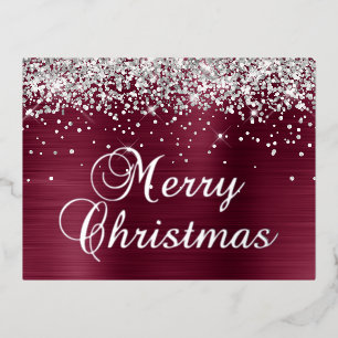 Merry Christmas Silver Glitter Burgundy Red Foil Holiday Postcard