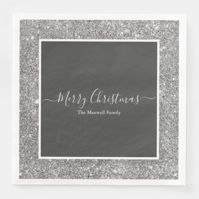 Merry Christmas silver glitter grey family name Napkin (Front)