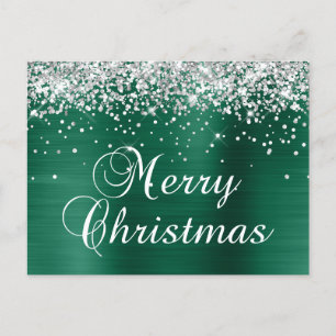 Merry Christmas Silver Glitter Hunter Green Foil Holiday Postcard