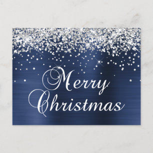 Merry Christmas Silver Glitter Navy Blue Foil Holiday Postcard
