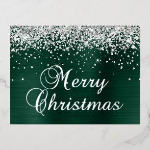 Merry Christmas Silver Glitter Pine Green Foil Holiday Postcard