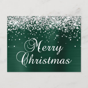 Merry Christmas Silver Glitter Pine Green Foil Holiday Postcard