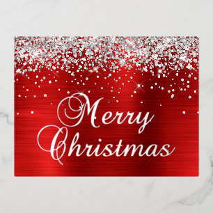 Merry Christmas Silver Glitter Red Foil Holiday Postcard