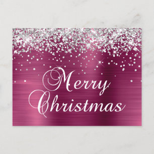 Merry Christmas Silver Glitter Wine Foil Holiday Postcard