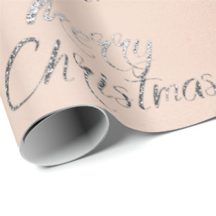 Merry Christmas Silver Grey Glitter Pink RoseBlush Wrapping Paper
