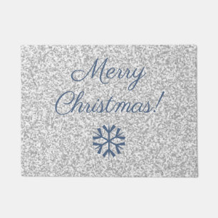 Merry Christmas Silver Grey Glitter Texture Design Doormat