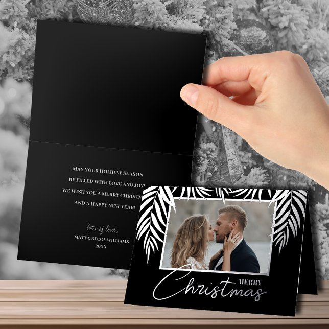 Merry Christmas Silver Palms Folded Foil Holiday Card (Merry Christmas, palm fronds in silver foil, photo on front, greeting inside folded greeting cards)