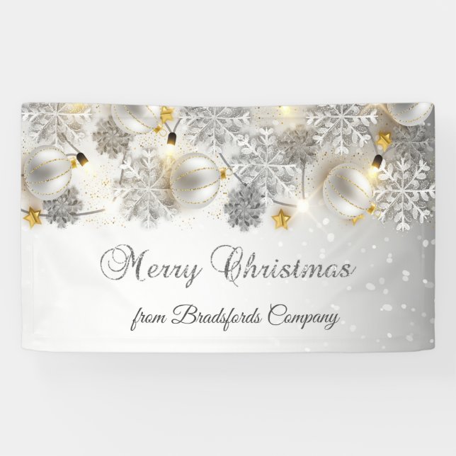 Merry Christmas, Silver Snowflakes,Balls,Lights Banner (Horizontal)