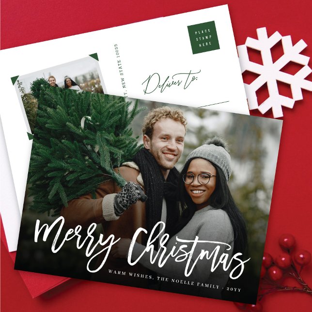 Merry Christmas Simple Brush Script Modern Photo Holiday Postcard (Creator Uploaded)