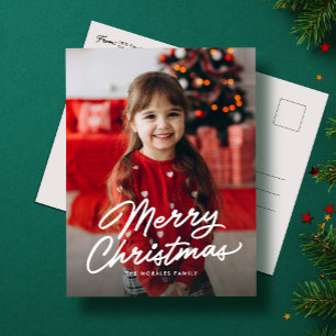 Merry Christmas simple casual script one photo Holiday Postcard