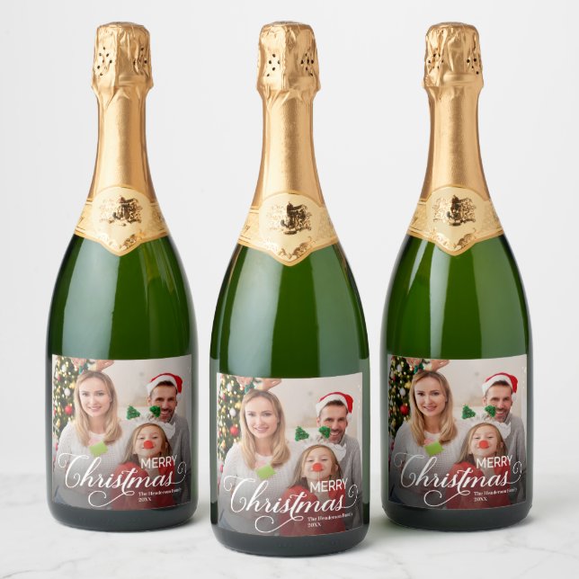 Merry Christmas Simple Custom Photo Sparkling Wine Label (Bottles)