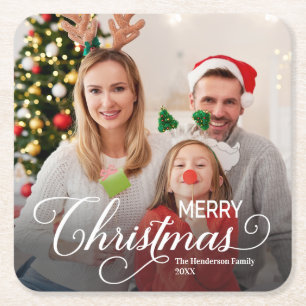Merry Christmas Simple Custom Photo Square Paper Coaster
