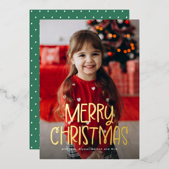 Merry Christmas simple cute one photo Foil Holiday Card (Front/Back)
