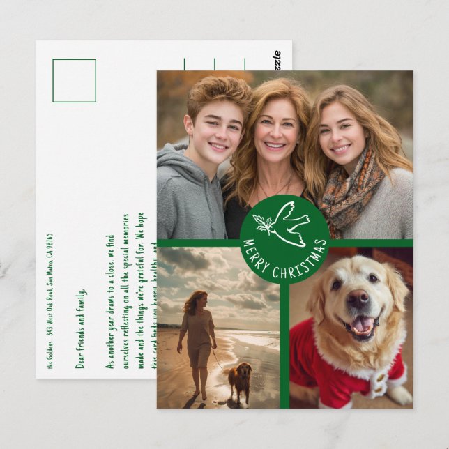 MERRY CHRISTMAS Simple Dove CUSTOM 3 PHOTO Holiday Postcard (Front/Back)