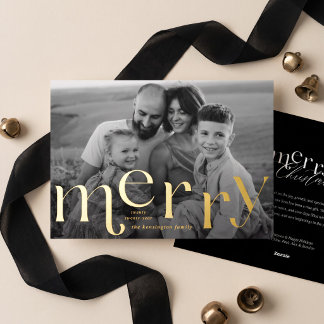 Merry Christmas Simple Elegant Black White Photo Foil Holiday Card