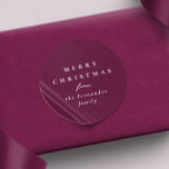 Merry Christmas simple elegant mulberry holiday Classic Round Sticker<br><div class="desc">Designed to coordinate with the Lea Delaveris Design holiday herringbone tweed collection, this stylish mulberry colour personalised Merry Christmas sticker is the perfect touch for all your Christmas gifts. The popular mulberry red purple background is versatile and coordinates with a variety of wrapping paper designs (though this matches perfectly with...</div>