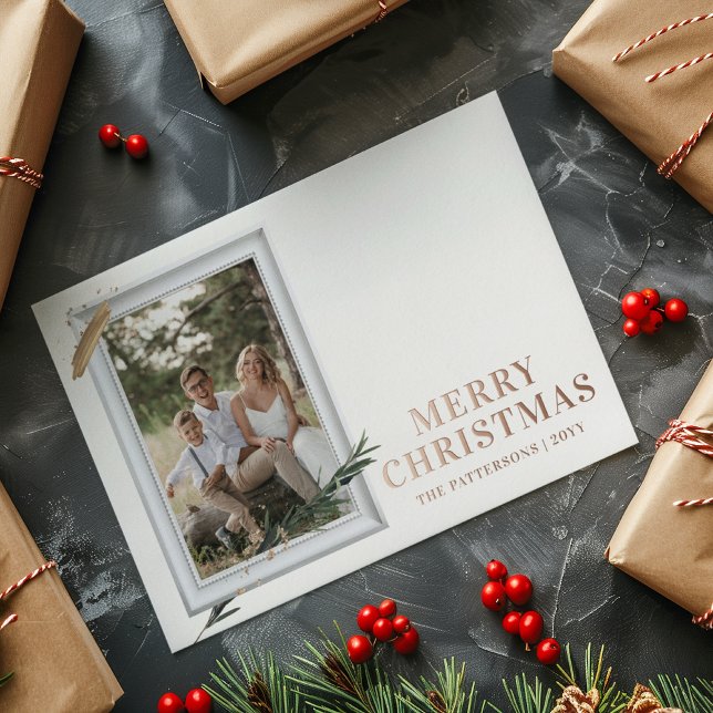Merry Christmas Simple Elegant Photo Frame Modern Foil Holiday Postcard (Creator Uploaded)