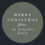 Merry Christmas simple elegant sage green holiday Classic Round Sticker<br><div class="desc">Designed to coordinate with the Lea Delaveris Design holiday herringbone collection, this chic sage green personalised Merry Christmas sticker is the perfect touch for all your Christmas gifts. The trendy and sophisticated sage green background is versatile and coordinates with a variety of wrapping paper designs (though this matches perfectly with...</div>