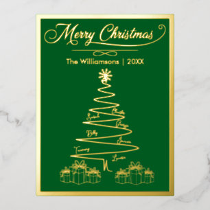 Merry Christmas Simple Gold Tree, Presents, Names Foil Holiday Postcard