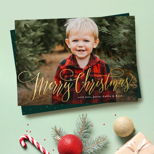 Merry Christmas simple green one photo family Foil Holiday Card (Creator Uploaded)