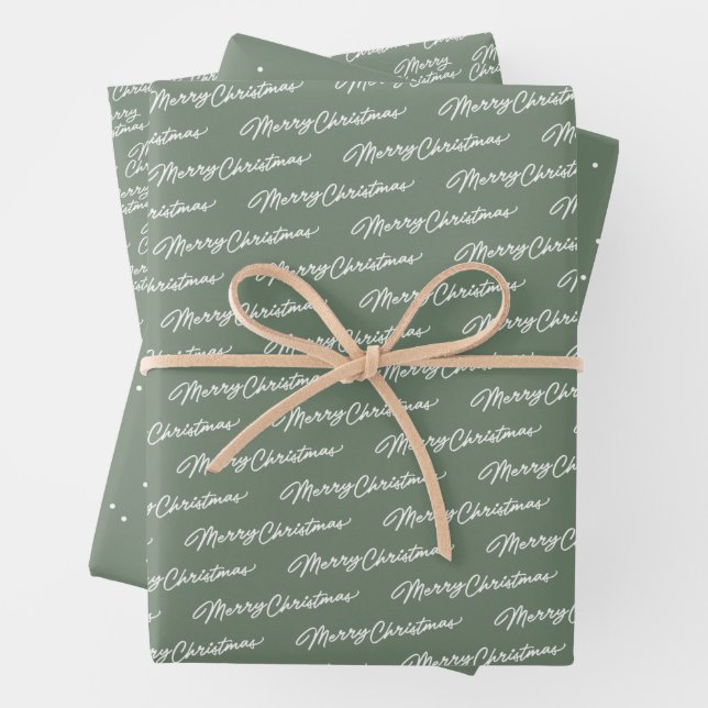 Merry Christmas simple green white holiday Wrapping Paper Sheet (In situ)