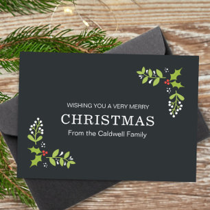 Merry Christmas Simple Holly  Mistletoe Holiday Card