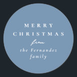 Merry Christmas simple light blue holiday Classic Round Sticker<br><div class="desc">Designed to coordinate with the Lea Delaveris Design holiday herringbone collection, this stylish grandmillennial light blue personalised Merry Christmas sticker is the perfect touch for all your Christmas gifts. The soft dusty blue background is versatile and coordinates with a variety of wrapping paper designs and the simple typography is perfect...</div>