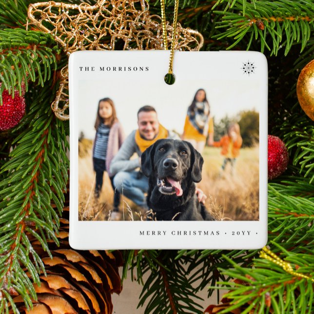 Merry Christmas simple minimal family photo Ceramic Ornament (Creator Uploaded)