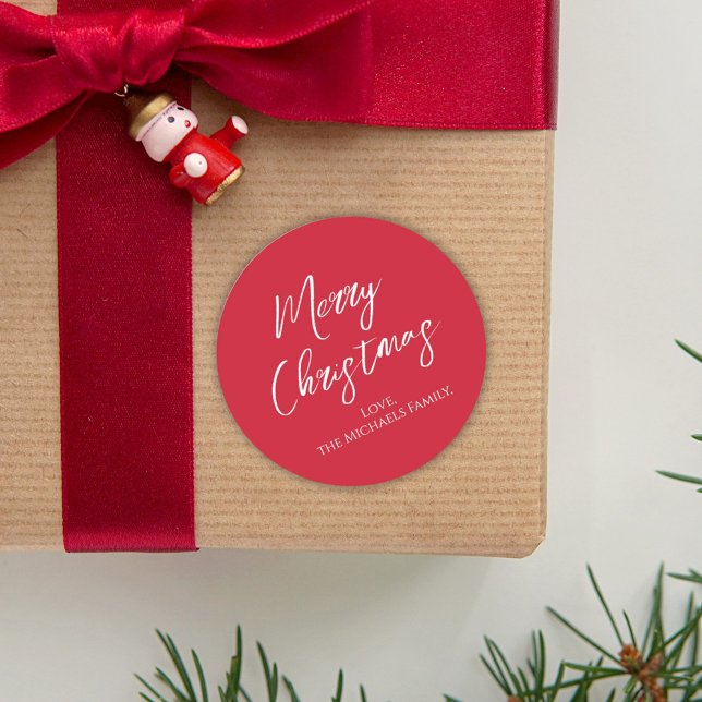 Merry Christmas Simple Minimalist Script Snowflake Classic Round Sticker (Merry Christmas calligraphy script simple red gift sticker label. )