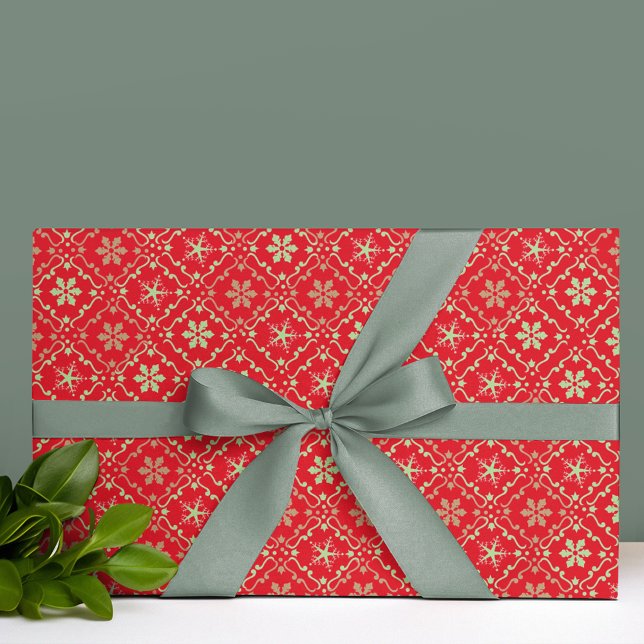 Merry Christmas Simple Minimalist Script Snowflake Wrapping Paper (Christmas wrapping paper sheets with red and green snowflake pattern)