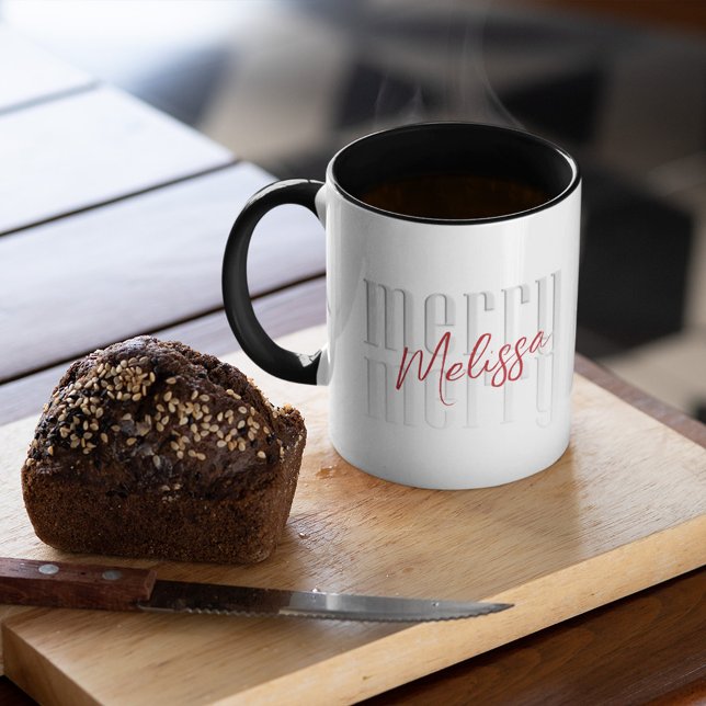 Merry Christmas Simple Modern Calligraphy Custom Mug (Merry Christmas modern style calligraphy mug. with a simple block-style typography. )