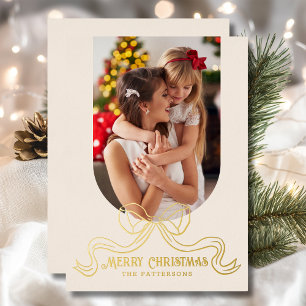 Merry Christmas Simple Modern Coquette Bow Photo Foil Holiday Card