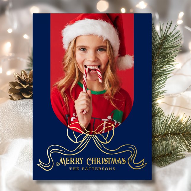 Merry Christmas Simple Modern Coquette Bow Photo Foil Holiday Card (Creator Uploaded)