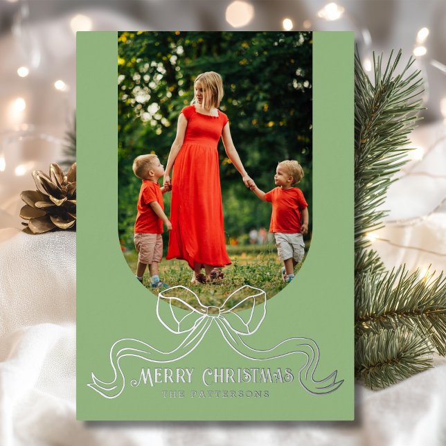 Merry Christmas Simple Modern Coquette Bow Photo Foil Holiday Card (Creator Uploaded)
