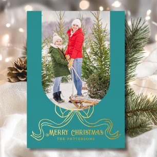 Merry Christmas Simple Modern Coquette Bow Photo Foil Holiday Card